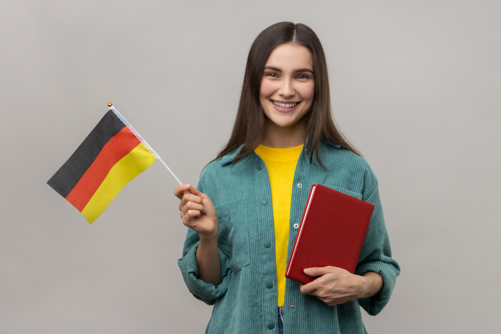 optimistic-woman-holding-hands-book-german-flag-education-courses-abroad